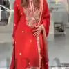 Shiny Red Color Chinon Silk With Embroidery Work Salwar Suit