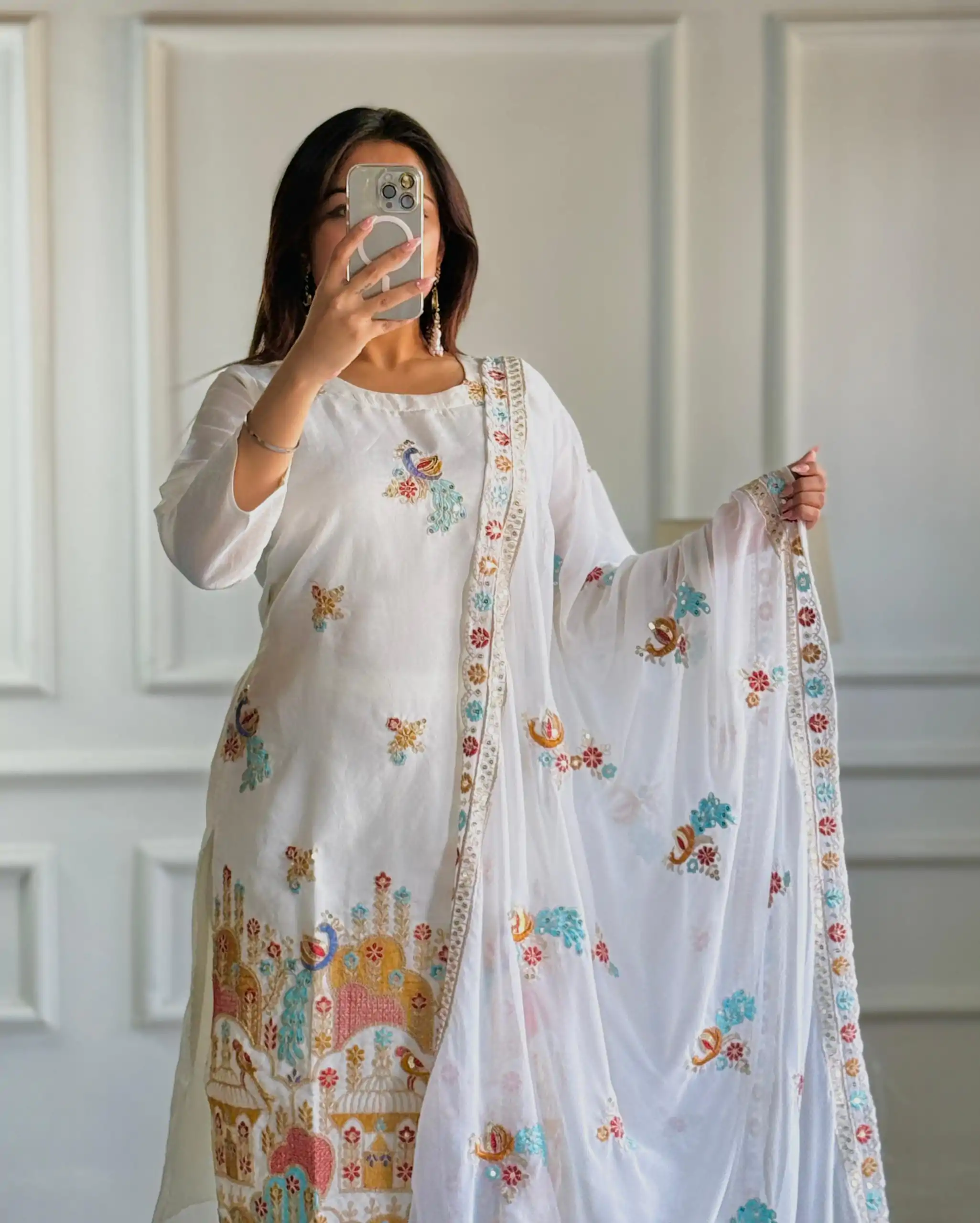 VLM 244 White Color Roman Silk With Embroidery Work Salwar Suit Casual, Wedding, Festive, Events . Expected Delivery  4-6 Working Days @2099/- only      | Casual Suits, Jump Suits, Creative suits, Designer Suits, Palazzo Suits, Party Wear Suits, Patiala Suits, Salwar suit, Straight Suits