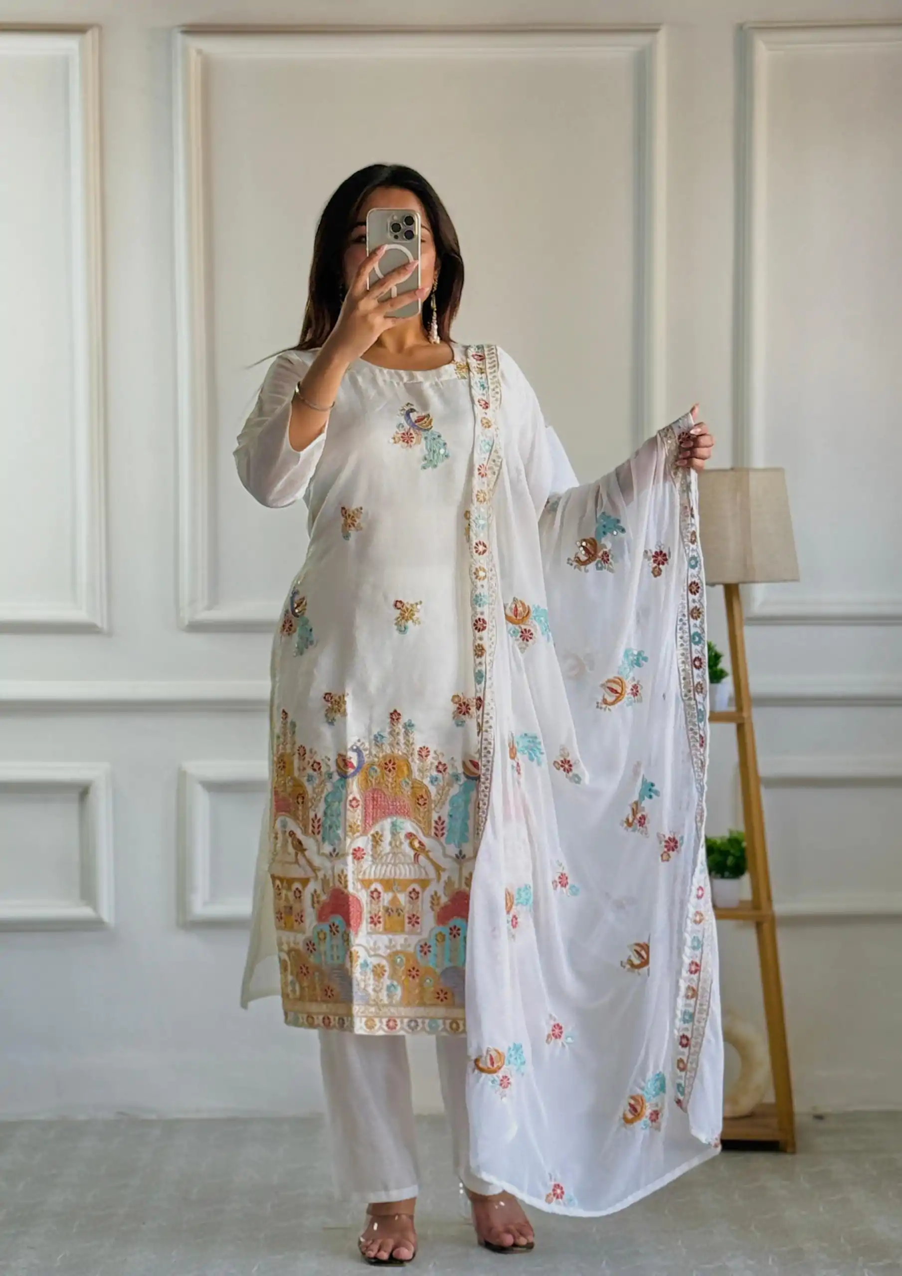 VLM 244 White Color Roman Silk With Embroidery Work Salwar Suit Casual, Wedding, Festive, Events . Expected Delivery  4-6 Working Days @2099/- only      | Casual Suits, Jump Suits, Creative suits, Designer Suits, Palazzo Suits, Party Wear Suits, Patiala Suits, Salwar suit, Straight Suits