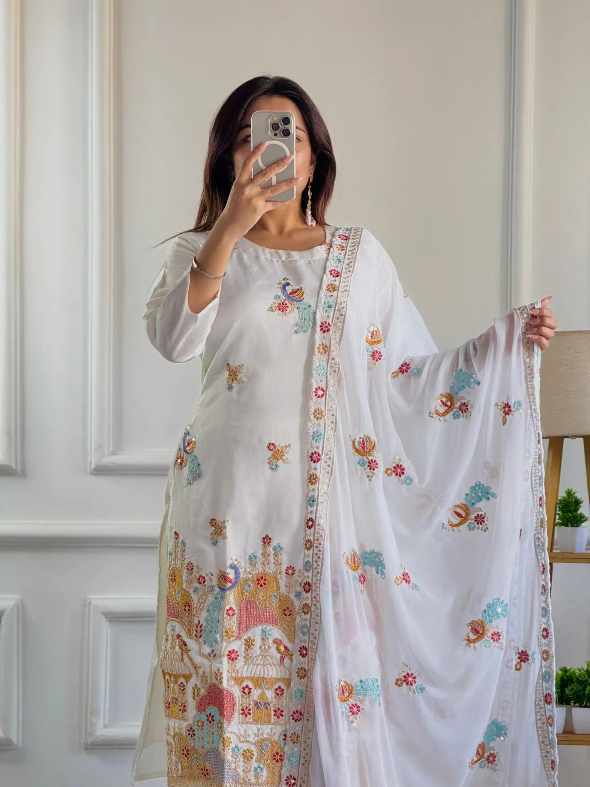 VLM 244 White Color Roman Silk With Embroidery Work Salwar Suit Casual, Wedding, Festive, Events . Expected Delivery  4-6 Working Days @2099/- only      | Casual Suits, Jump Suits, Creative suits, Designer Suits, Palazzo Suits, Party Wear Suits, Patiala Suits, Salwar suit, Straight Suits
