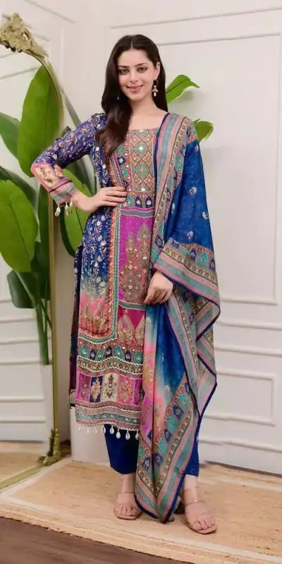 BE 316 Royal Blue Color Chinon Printed Mirror Work Moti Lace Salwar Suit Casual, Wedding, Festive, Events . Expected Delivery  4-6 Working Days @1899/- only      | Casual Suits, Jump Suits, Creative suits, Designer Suits, Palazzo Suits, Party Wear Suits, Patiala Suits, Salwar suit, Straight Suits