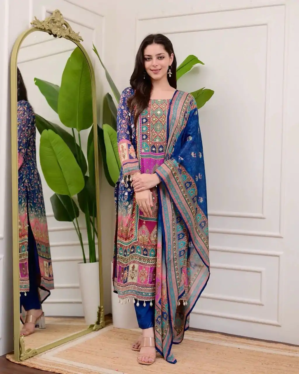 BE 316 Royal Blue Color Chinon Printed Mirror Work Moti Lace Salwar Suit Casual, Wedding, Festive, Events . Expected Delivery  4-6 Working Days @1899/- only      | Casual Suits, Jump Suits, Creative suits, Designer Suits, Palazzo Suits, Party Wear Suits, Patiala Suits, Salwar suit, Straight Suits