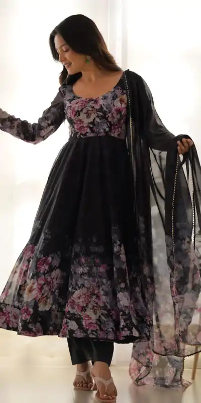 KB 261 Black Color Soft Organza Silk Print With Kali Gown Casual, Wedding, Party, Festive, Events Etc.4-6 Working Days@ 1999/-only | Bollywood Gowns, Creative Gowns, Designer Gowns, Embroidered Gowns, Gowns, Party Wear Gowns