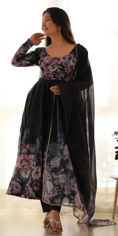KB 261 Black Color Soft Organza Silk Print With Kali Gown Casual, Wedding, Party, Festive, Events Etc.4-6 Working Days@ 1999/-only | Bollywood Gowns, Creative Gowns, Designer Gowns, Embroidered Gowns, Gowns, Party Wear Gowns