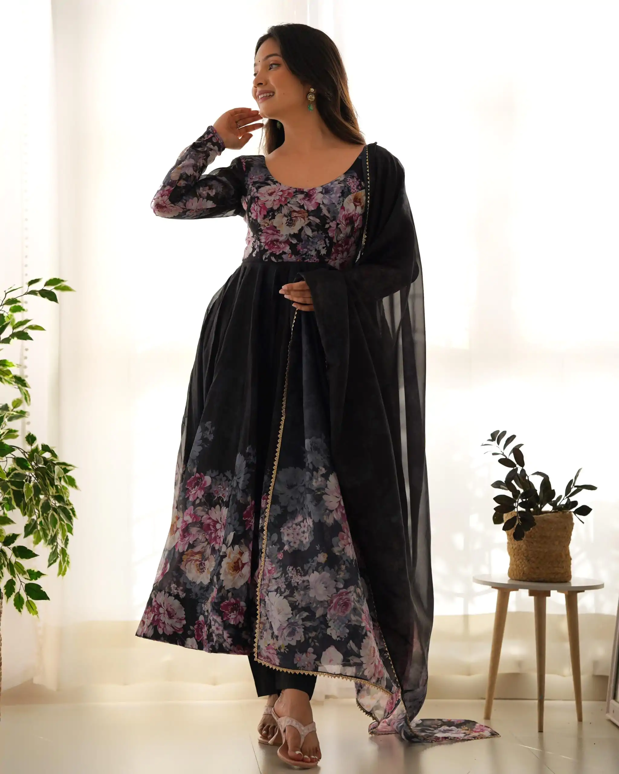 KB 261 Black Color Soft Organza Silk Print With Kali Gown Casual, Wedding, Party, Festive, Events Etc.4-6 Working Days@ 1999/-only | Bollywood Gowns, Creative Gowns, Designer Gowns, Embroidered Gowns, Gowns, Party Wear Gowns