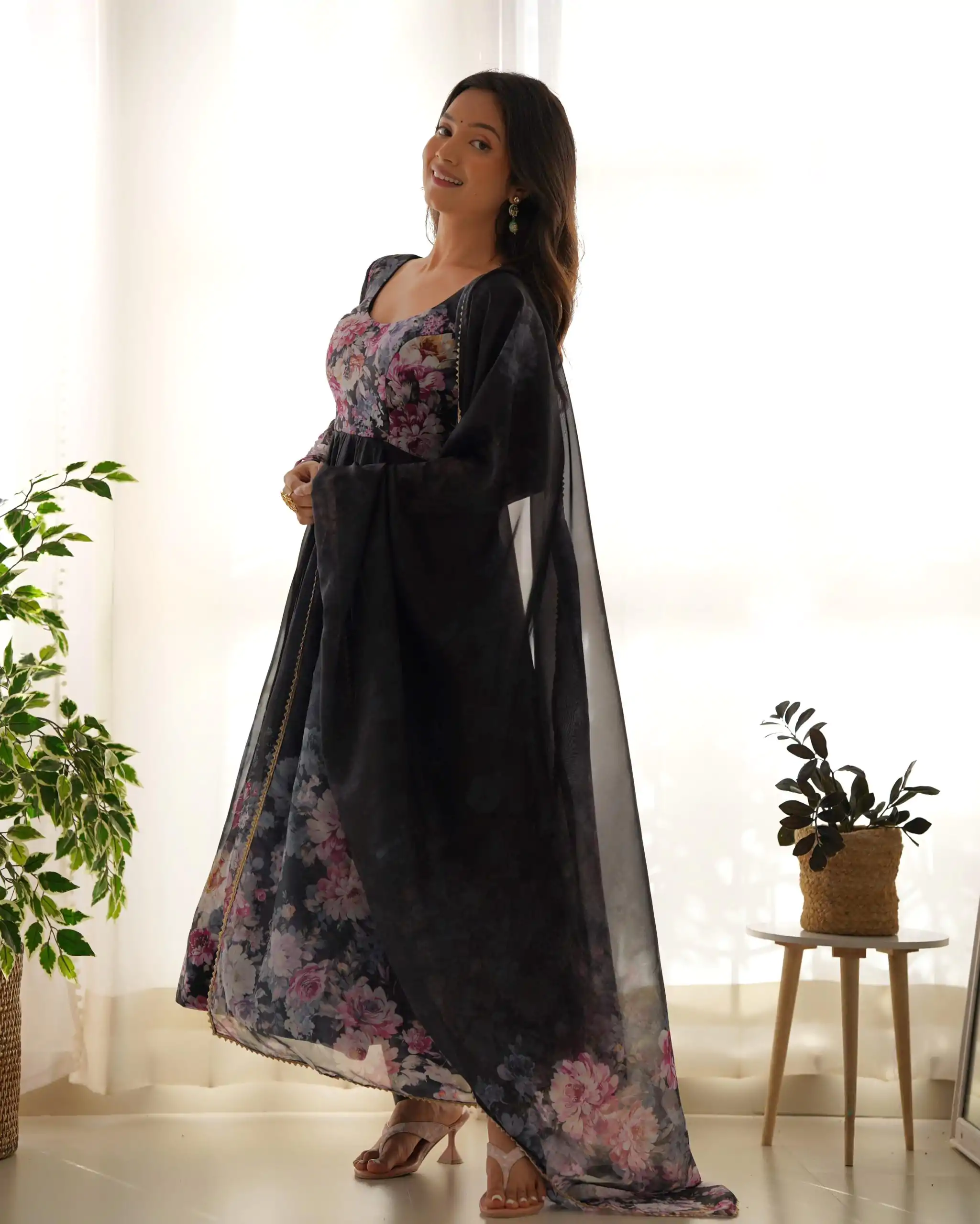 KB 261 Black Color Soft Organza Silk Print With Kali Gown Casual, Wedding, Party, Festive, Events Etc.4-6 Working Days@ 1999/-only | Bollywood Gowns, Creative Gowns, Designer Gowns, Embroidered Gowns, Gowns, Party Wear Gowns