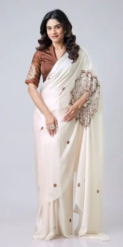 ST 1102B Cream Color Japan Satin Digital Print Work Saree Casual, Wedding, Festive, Events . Expected Delivery  4-6 Working Days @1849/- only      | Embroidered Sarees, Bollywood Sarees, Creative Sarees, Designer Sarees, Ethnic Saree, Modern Digital sarees, Party Wear Sarees, Sarees