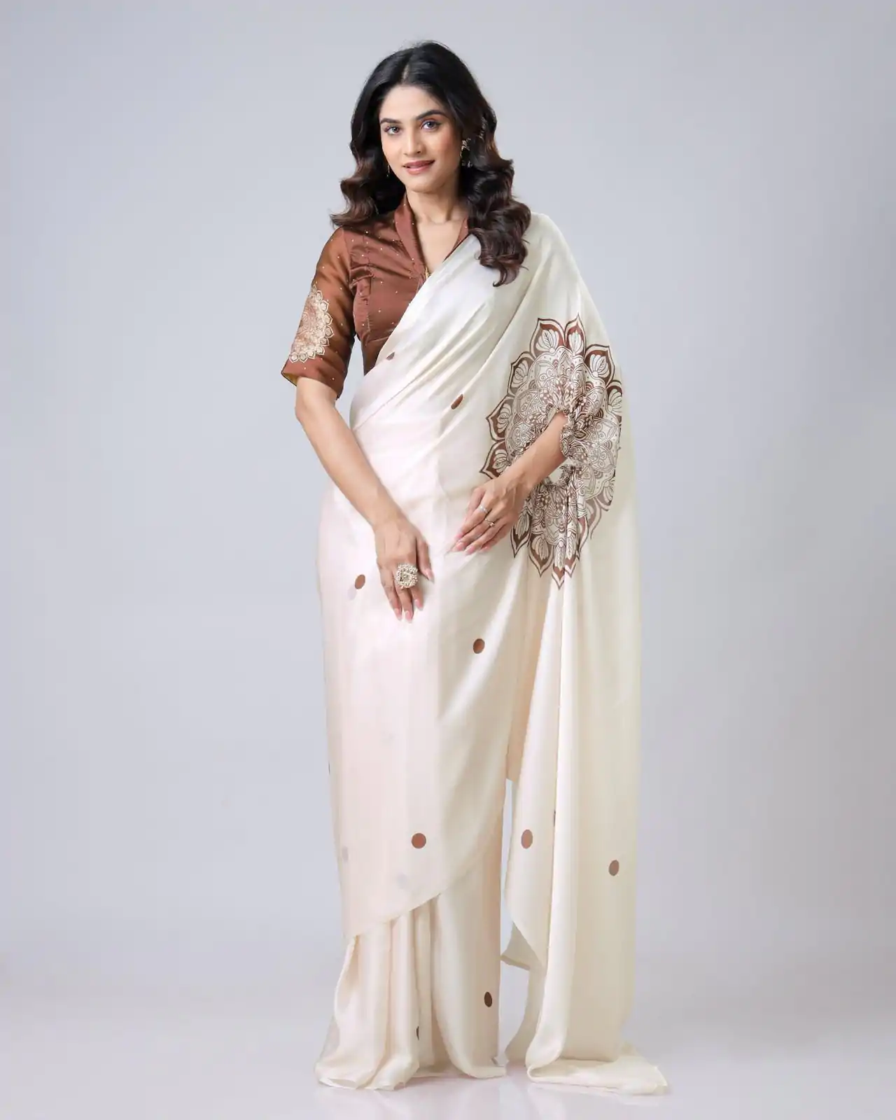 ST 1102B Cream Color Japan Satin Digital Print Work Saree Casual, Wedding, Festive, Events . Expected Delivery  4-6 Working Days @1849/- only      | Embroidered Sarees, Bollywood Sarees, Creative Sarees, Designer Sarees, Ethnic Saree, Modern Digital sarees, Party Wear Sarees, Sarees