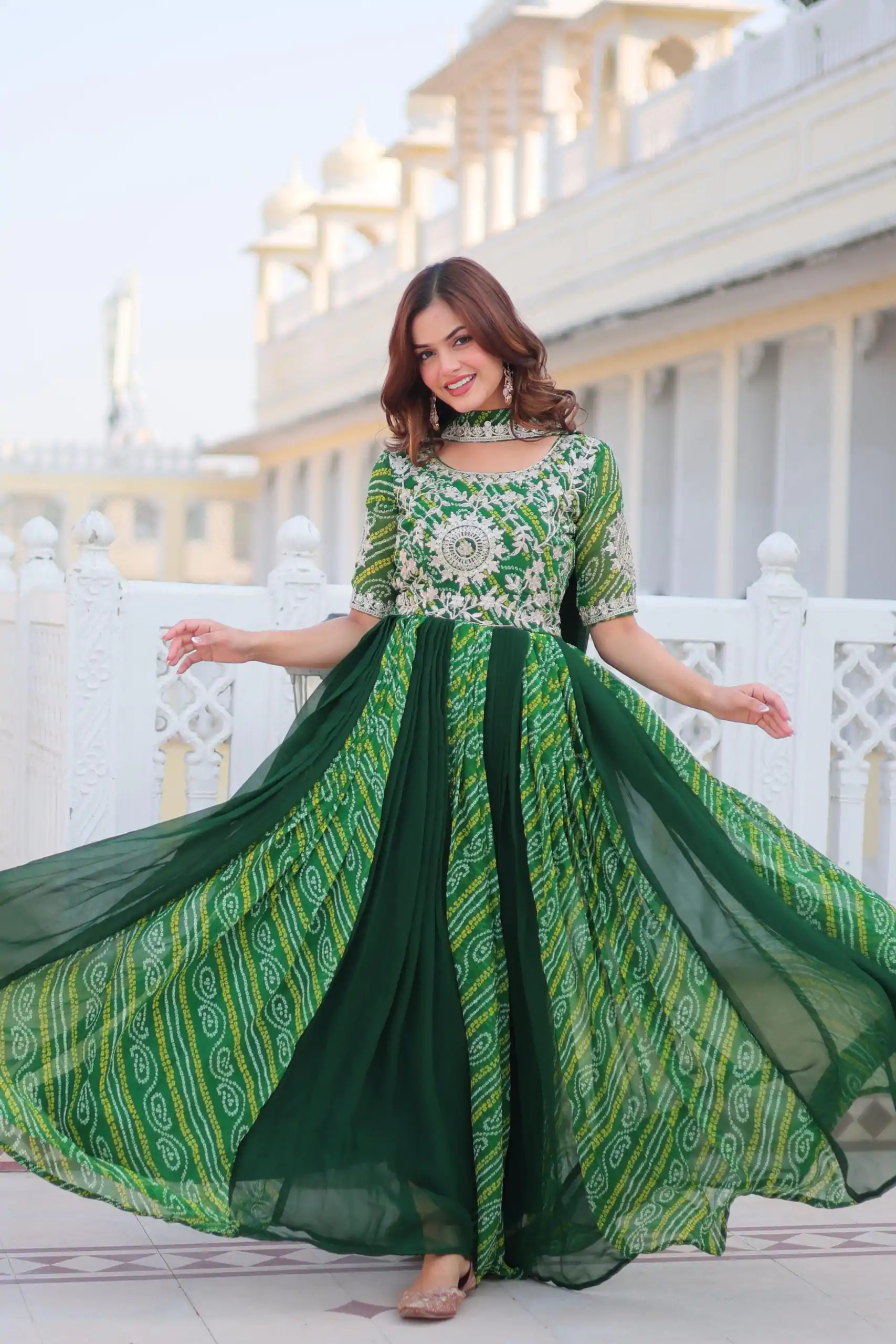 Ram 075 Green Color Bandhej Fox Georgette Sequence Work Gown Casual, Wedding, Party, Festive, Events Etc.4-6 Working Days@ 2049/-only | Bollywood Gowns, Creative Gowns, Designer Gowns, Embroidered Gowns, Gowns, Party Wear Gowns