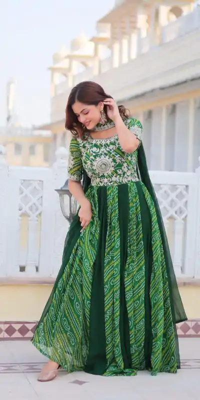 Ram 075 Green Color Bandhej Fox Georgette Sequence Work Gown Casual, Wedding, Party, Festive, Events Etc.4-6 Working Days@ 2049/-only | Bollywood Gowns, Creative Gowns, Designer Gowns, Embroidered Gowns, Gowns, Party Wear Gowns