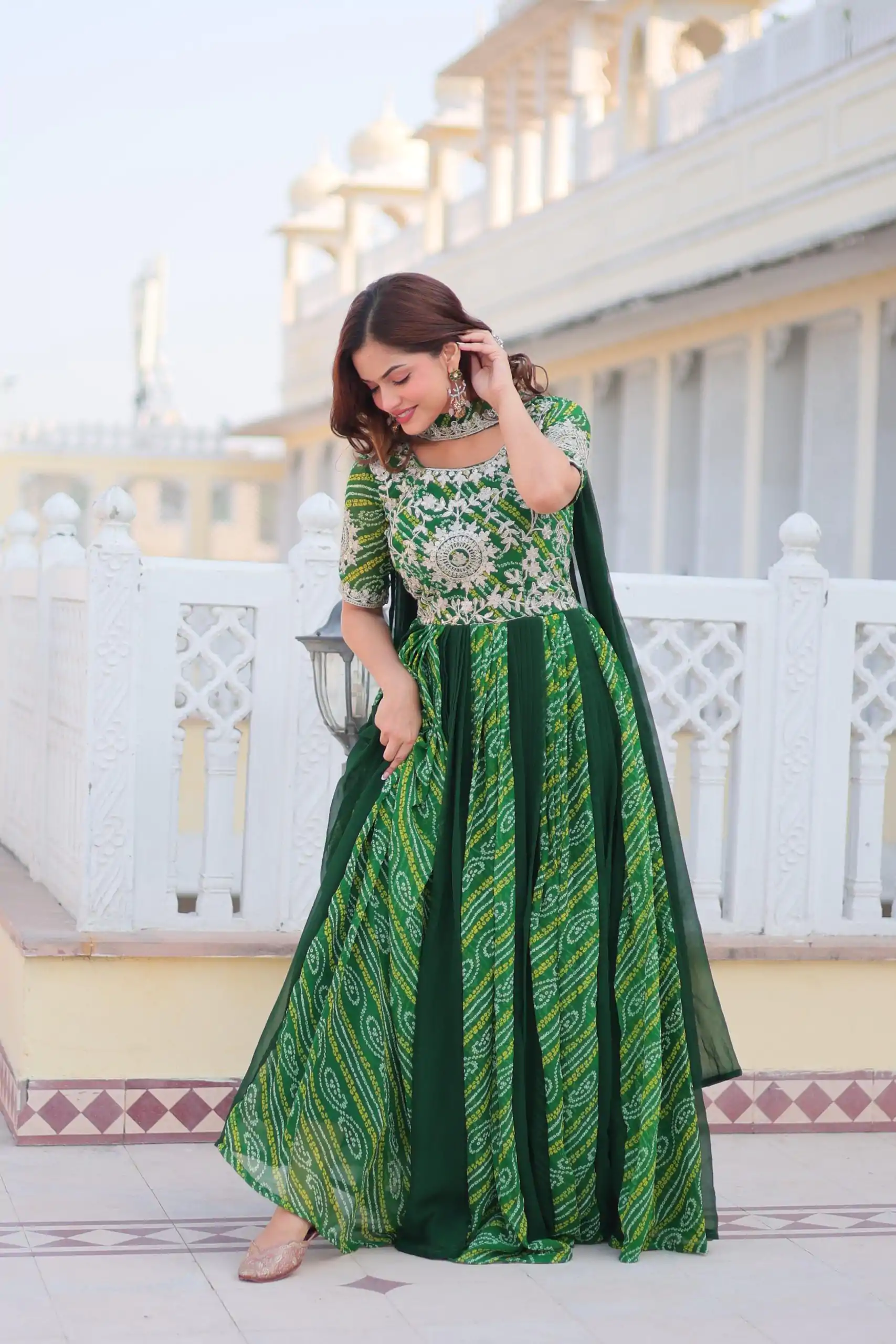 Ram 075 Green Color Bandhej Fox Georgette Sequence Work Gown Casual, Wedding, Party, Festive, Events Etc.4-6 Working Days@ 2049/-only | Bollywood Gowns, Creative Gowns, Designer Gowns, Embroidered Gowns, Gowns, Party Wear Gowns