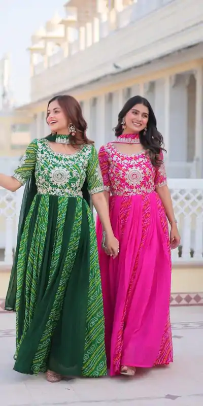 Ram 075 Green Color Bandhej Fox Georgette Sequence Work Gown Casual, Wedding, Party, Festive, Events Etc.4-6 Working Days@ 2049/-only | Bollywood Gowns, Creative Gowns, Designer Gowns, Embroidered Gowns, Gowns, Party Wear Gowns