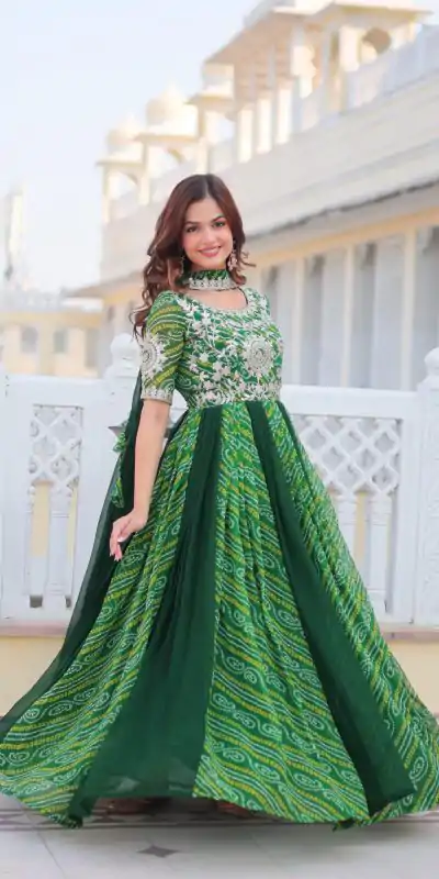 Ram 075 Green Color Bandhej Fox Georgette Sequence Work Gown Casual, Wedding, Party, Festive, Events Etc.4-6 Working Days@ 2049/-only | Bollywood Gowns, Creative Gowns, Designer Gowns, Embroidered Gowns, Gowns, Party Wear Gowns