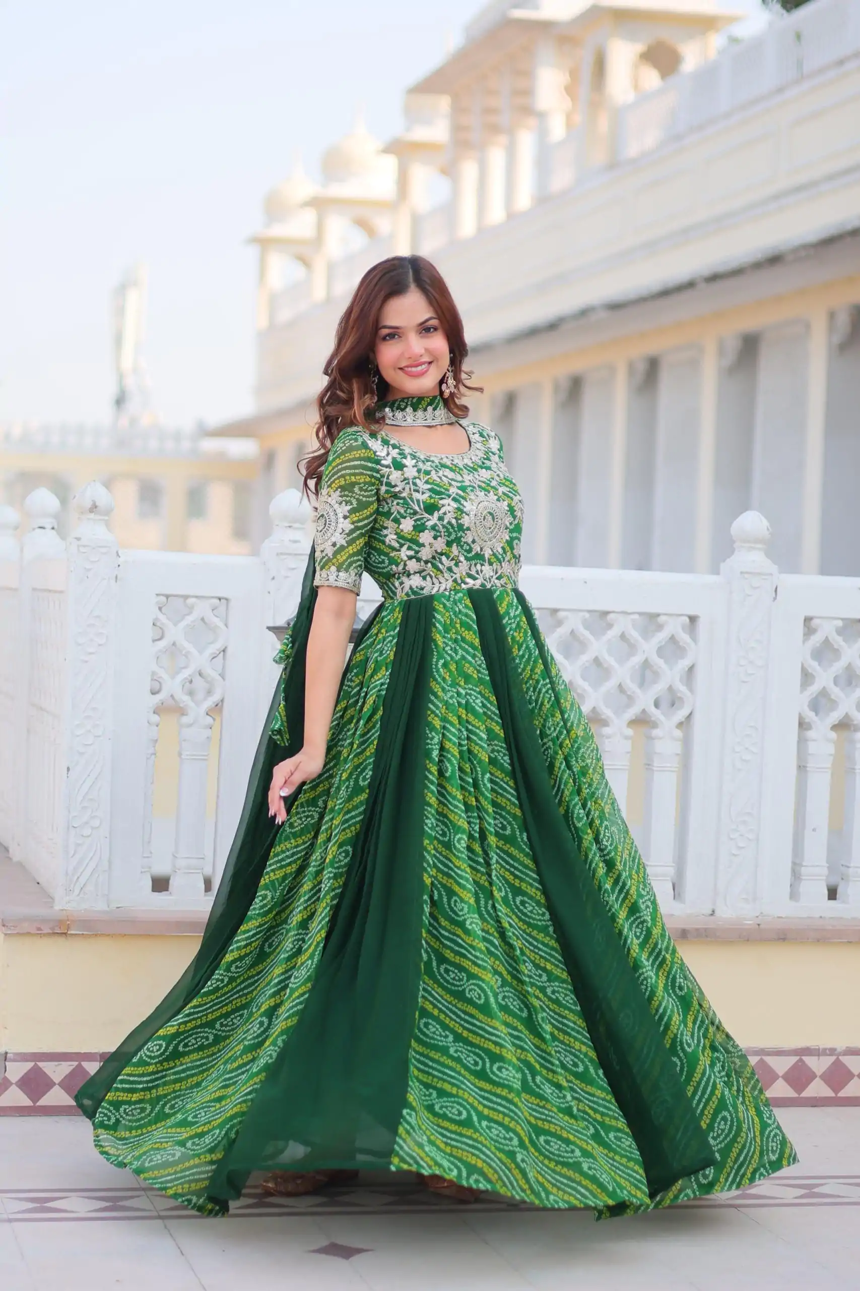 Ram 075 Green Color Bandhej Fox Georgette Sequence Work Gown Casual, Wedding, Party, Festive, Events Etc.4-6 Working Days@ 2049/-only | Bollywood Gowns, Creative Gowns, Designer Gowns, Embroidered Gowns, Gowns, Party Wear Gowns