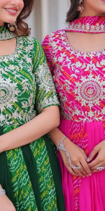 Ram 075 Green Color Bandhej Fox Georgette Sequence Work Gown Casual, Wedding, Party, Festive, Events Etc.4-6 Working Days@ 2049/-only | Bollywood Gowns, Creative Gowns, Designer Gowns, Embroidered Gowns, Gowns, Party Wear Gowns