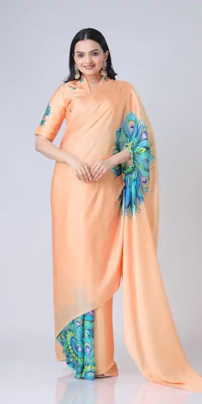 ST 1102 Peach Color Japan Satin Digital Print Work Saree Casual, Wedding, Festive, Events . Expected Delivery  4-6 Working Days @1849/- only      | Embroidered Sarees, Bollywood Sarees, Creative Sarees, Designer Sarees, Ethnic Saree, Modern Digital sarees, Party Wear Sarees, Sarees