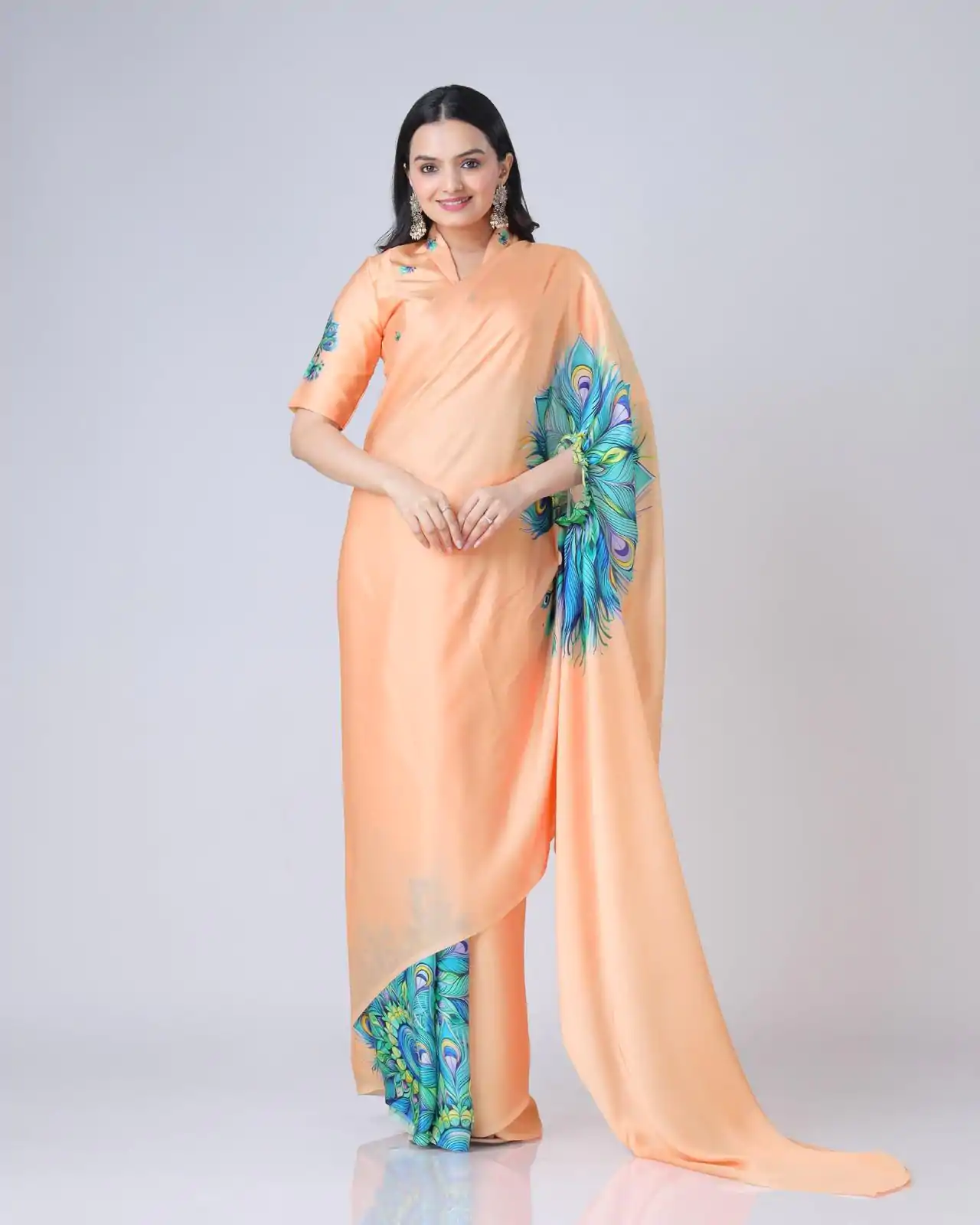 ST 1102 Peach Color Japan Satin Digital Print Work Saree Casual, Wedding, Festive, Events . Expected Delivery  4-6 Working Days @1849/- only      | Embroidered Sarees, Bollywood Sarees, Creative Sarees, Designer Sarees, Ethnic Saree, Modern Digital sarees, Party Wear Sarees, Sarees