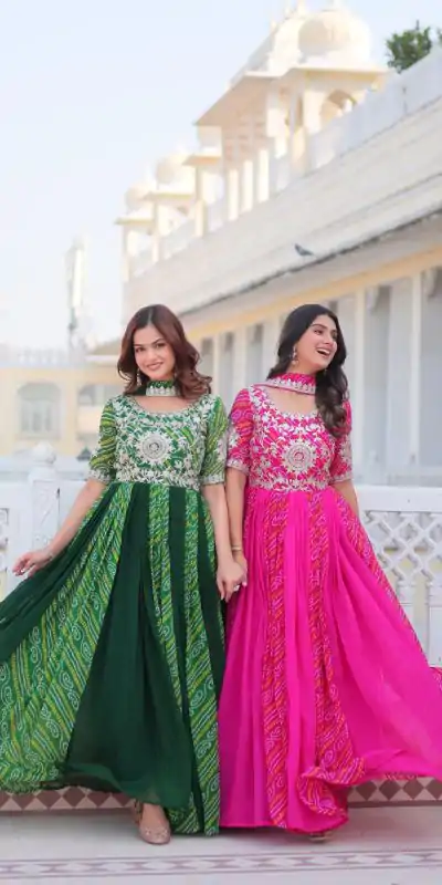 Ram 075 Pink Color Bandhej Fox Georgette Sequence Work Gown Casual, Wedding, Party, Festive, Events Etc.4-6 Working Days@ 2049/-only | Bollywood Gowns, Creative Gowns, Designer Gowns, Embroidered Gowns, Gowns, Party Wear Gowns