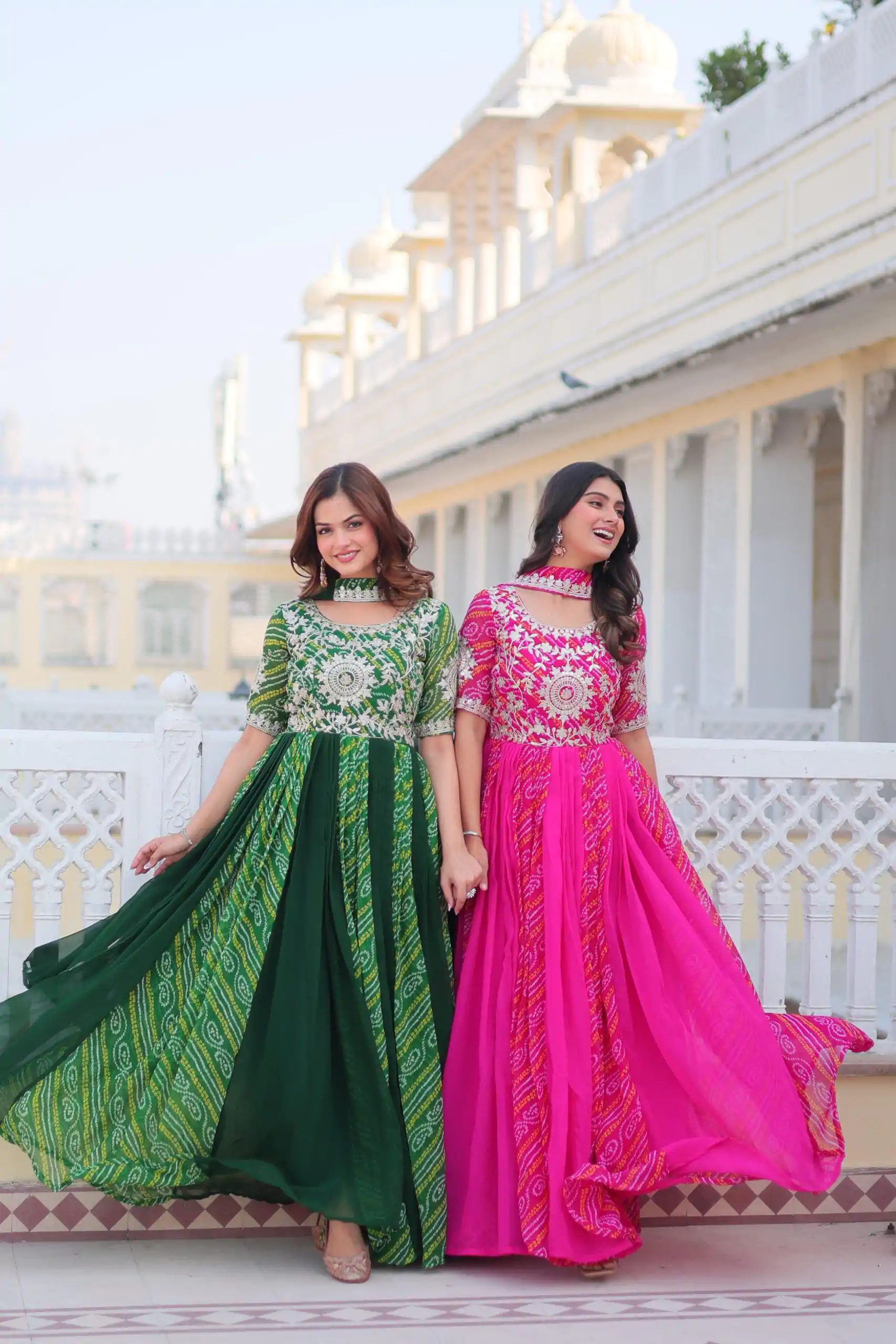 Ram 075 Pink Color Bandhej Fox Georgette Sequence Work Gown Casual, Wedding, Party, Festive, Events Etc.4-6 Working Days@ 2049/-only | Bollywood Gowns, Creative Gowns, Designer Gowns, Embroidered Gowns, Gowns, Party Wear Gowns