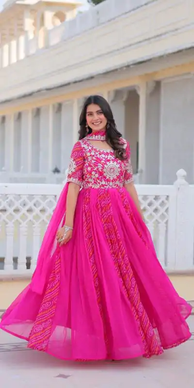 Ram 075 Pink Color Bandhej Fox Georgette Sequence Work Gown Casual, Wedding, Party, Festive, Events Etc.4-6 Working Days@ 2049/-only | Bollywood Gowns, Creative Gowns, Designer Gowns, Embroidered Gowns, Gowns, Party Wear Gowns
