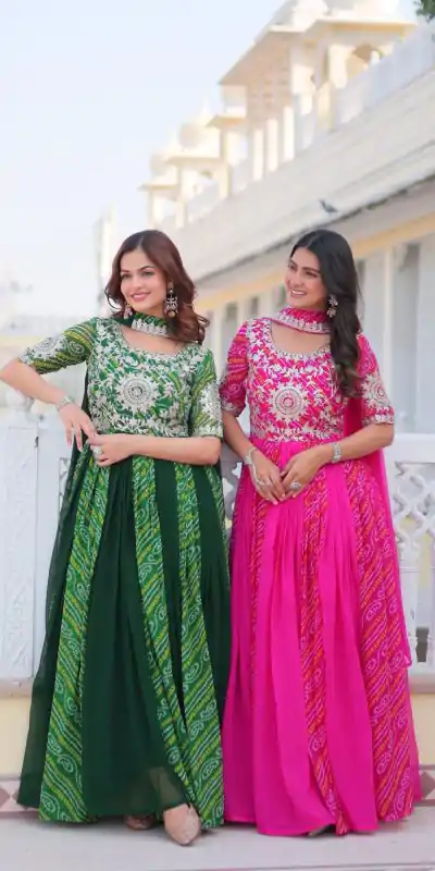 Ram 075 Pink Color Bandhej Fox Georgette Sequence Work Gown Casual, Wedding, Party, Festive, Events Etc.4-6 Working Days@ 2049/-only | Bollywood Gowns, Creative Gowns, Designer Gowns, Embroidered Gowns, Gowns, Party Wear Gowns