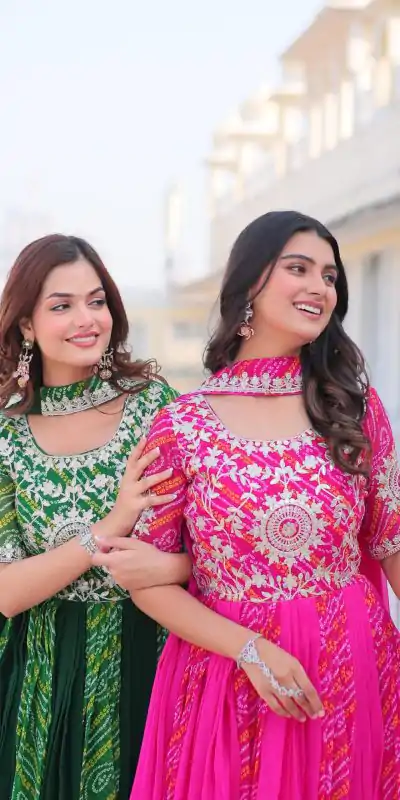 Ram 075 Pink Color Bandhej Fox Georgette Sequence Work Gown Casual, Wedding, Party, Festive, Events Etc.4-6 Working Days@ 2049/-only | Bollywood Gowns, Creative Gowns, Designer Gowns, Embroidered Gowns, Gowns, Party Wear Gowns