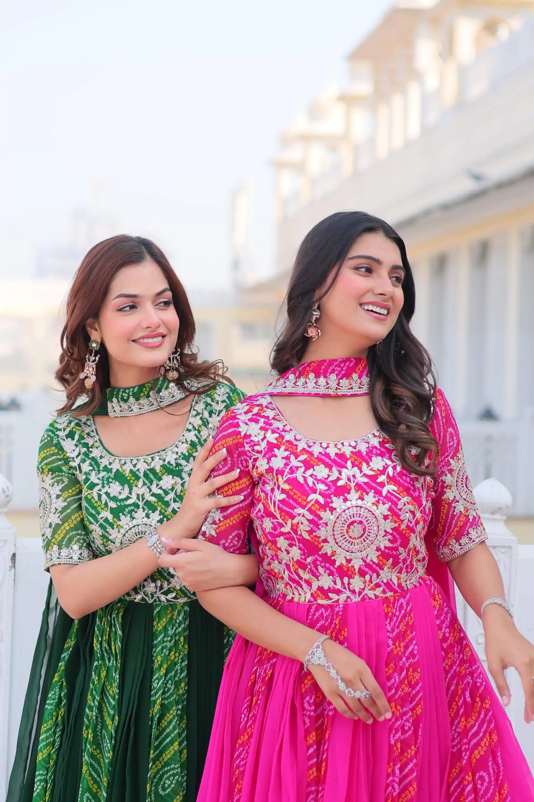 Ram 075 Pink Color Bandhej Fox Georgette Sequence Work Gown Casual, Wedding, Party, Festive, Events Etc.4-6 Working Days@ 2049/-only | Bollywood Gowns, Creative Gowns, Designer Gowns, Embroidered Gowns, Gowns, Party Wear Gowns