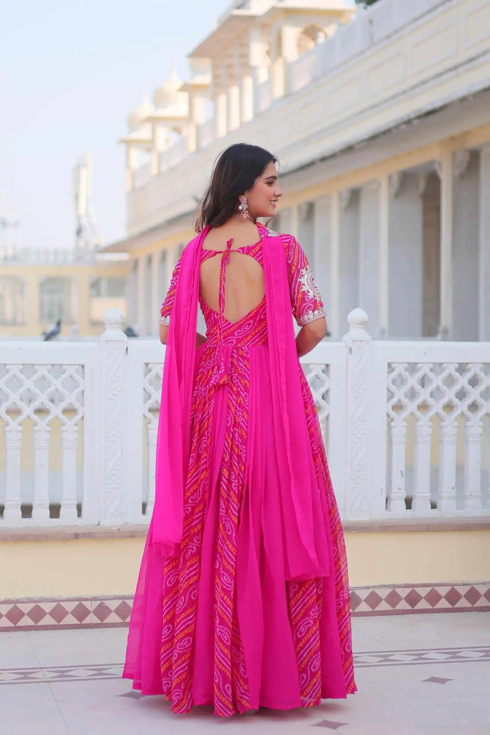 Ram 075 Pink Color Bandhej Fox Georgette Sequence Work Gown Casual, Wedding, Party, Festive, Events Etc.4-6 Working Days@ 2049/-only | Bollywood Gowns, Creative Gowns, Designer Gowns, Embroidered Gowns, Gowns, Party Wear Gowns