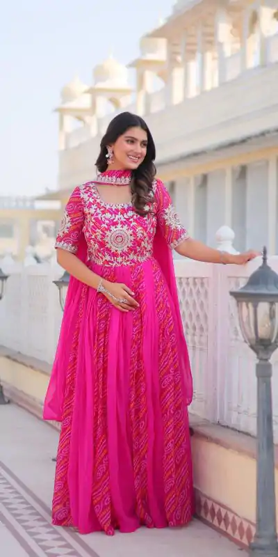 Ram 075 Pink Color Bandhej Fox Georgette Sequence Work Gown Casual, Wedding, Party, Festive, Events Etc.4-6 Working Days@ 2049/-only | Bollywood Gowns, Creative Gowns, Designer Gowns, Embroidered Gowns, Gowns, Party Wear Gowns