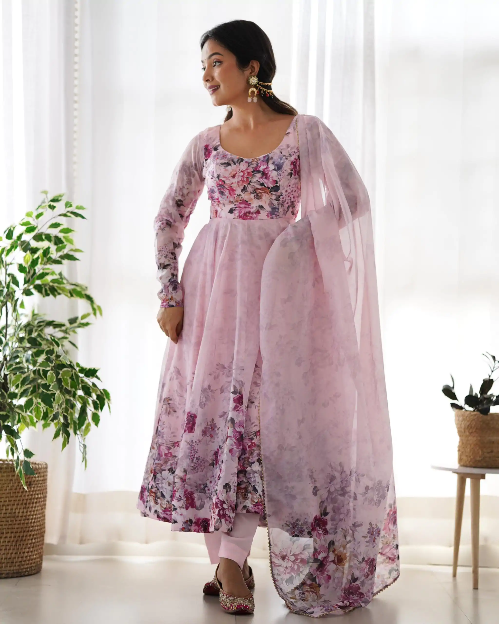 KB 261 Pink Color Soft Organza Silk Print With Kali Gown Casual, Wedding, Party, Festive, Events Etc.4-6 Working Days@ 1999/-only | Bollywood Gowns, Creative Gowns, Designer Gowns, Embroidered Gowns, Gowns, Party Wear Gowns