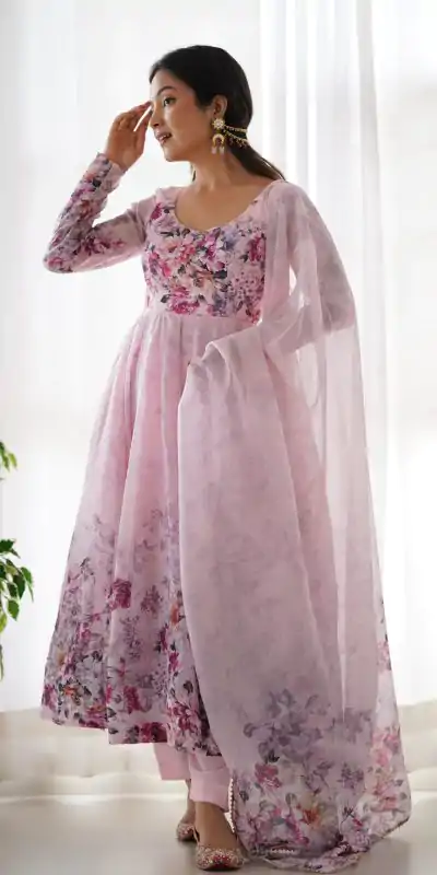 KB 261 Pink Color Soft Organza Silk Print With Kali Gown Casual, Wedding, Party, Festive, Events Etc.4-6 Working Days@ 1999/-only | Bollywood Gowns, Creative Gowns, Designer Gowns, Embroidered Gowns, Gowns, Party Wear Gowns