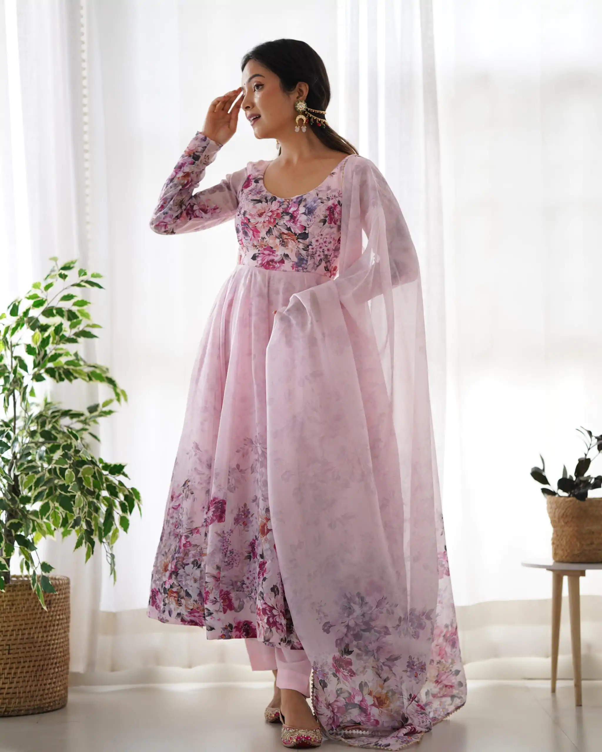KB 261 Pink Color Soft Organza Silk Print With Kali Gown Casual, Wedding, Party, Festive, Events Etc.4-6 Working Days@ 1999/-only | Bollywood Gowns, Creative Gowns, Designer Gowns, Embroidered Gowns, Gowns, Party Wear Gowns