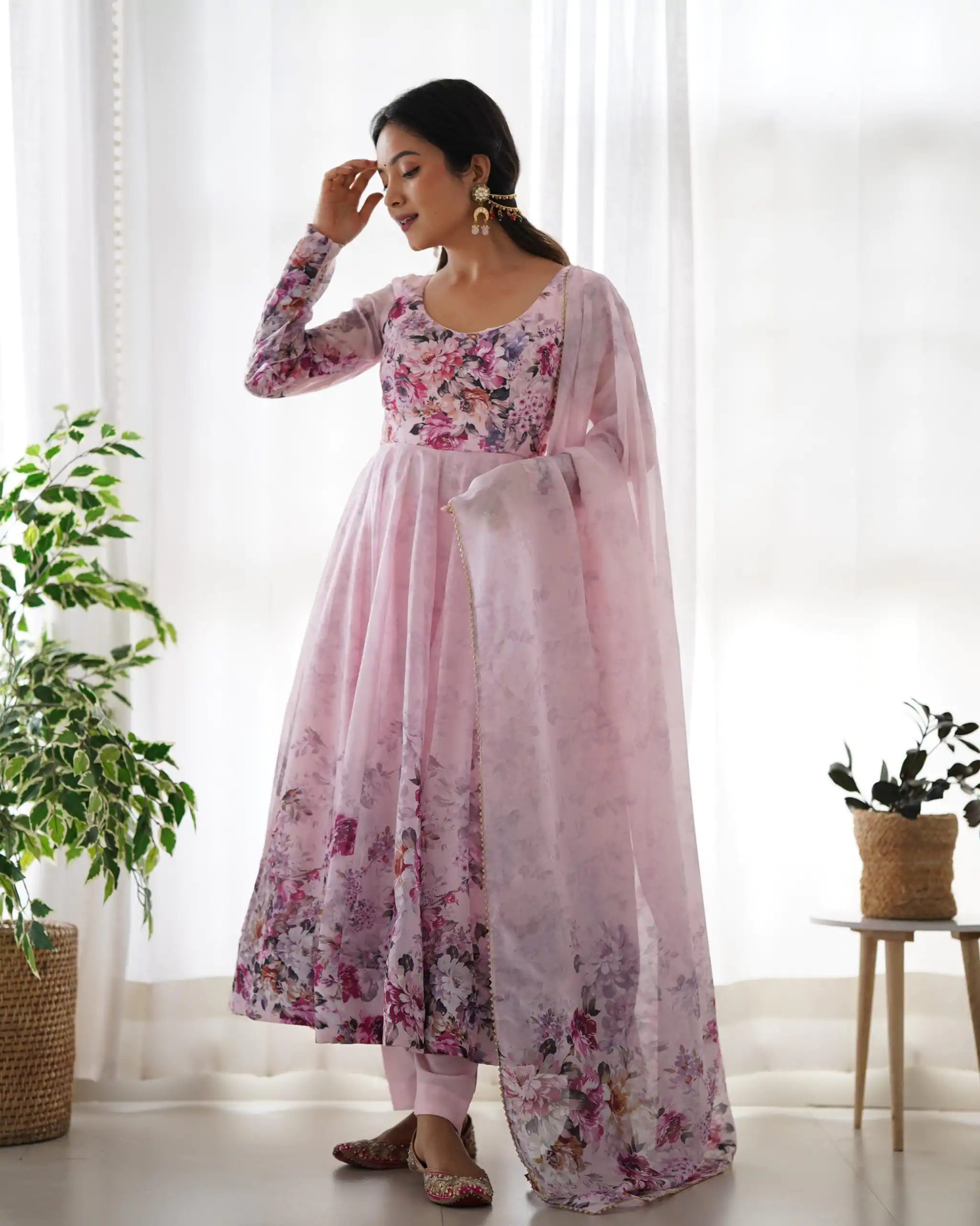 KB 261 Pink Color Soft Organza Silk Print With Kali Gown Casual, Wedding, Party, Festive, Events Etc.4-6 Working Days@ 1999/-only | Bollywood Gowns, Creative Gowns, Designer Gowns, Embroidered Gowns, Gowns, Party Wear Gowns