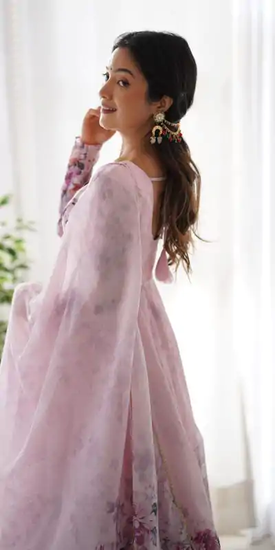 KB 261 Pink Color Soft Organza Silk Print With Kali Gown Casual, Wedding, Party, Festive, Events Etc.4-6 Working Days@ 1999/-only | Bollywood Gowns, Creative Gowns, Designer Gowns, Embroidered Gowns, Gowns, Party Wear Gowns