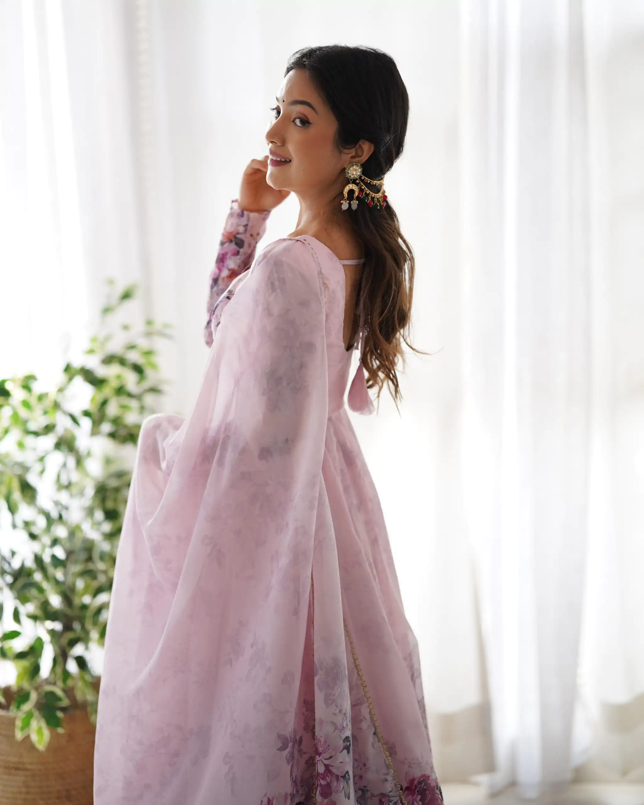 KB 261 Pink Color Soft Organza Silk Print With Kali Gown Casual, Wedding, Party, Festive, Events Etc.4-6 Working Days@ 1999/-only | Bollywood Gowns, Creative Gowns, Designer Gowns, Embroidered Gowns, Gowns, Party Wear Gowns