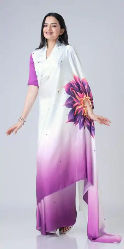 ST 1102 Purple White Color Japan Satin Digital Print Work Saree Casual, Wedding, Festive, Events . Expected Delivery  4-6 Working Days @1849/- only      | Embroidered Sarees, Bollywood Sarees, Creative Sarees, Designer Sarees, Ethnic Saree, Modern Digital sarees, Party Wear Sarees, Sarees