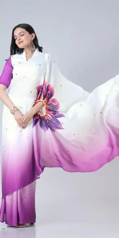 ST 1102 Purple White Color Japan Satin Digital Print Work Saree Casual, Wedding, Festive, Events . Expected Delivery  4-6 Working Days @1849/- only      | Embroidered Sarees, Bollywood Sarees, Creative Sarees, Designer Sarees, Ethnic Saree, Modern Digital sarees, Party Wear Sarees, Sarees