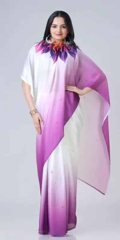 ST 1102 Purple White Color Japan Satin Digital Print Work Saree Casual, Wedding, Festive, Events . Expected Delivery  4-6 Working Days @1849/- only      | Embroidered Sarees, Bollywood Sarees, Creative Sarees, Designer Sarees, Ethnic Saree, Modern Digital sarees, Party Wear Sarees, Sarees
