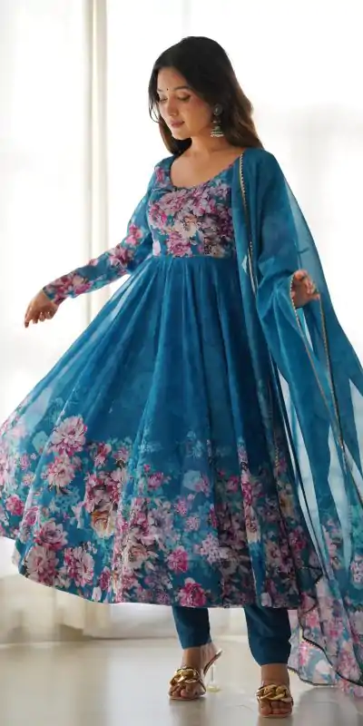 KB 261 Rama Color Soft Organza Silk Print With Kali Gown Casual, Wedding, Party, Festive, Events Etc.4-6 Working Days@ 1999/-only | Bollywood Gowns, Creative Gowns, Designer Gowns, Embroidered Gowns, Gowns, Party Wear Gowns