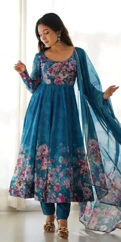 KB 261 Rama Color Soft Organza Silk Print With Kali Gown Casual, Wedding, Party, Festive, Events Etc.4-6 Working Days@ 1999/-only | Bollywood Gowns, Creative Gowns, Designer Gowns, Embroidered Gowns, Gowns, Party Wear Gowns