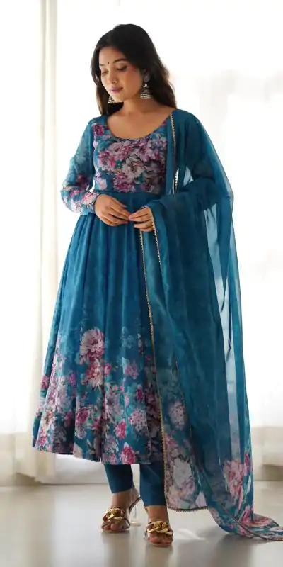 KB 261 Rama Color Soft Organza Silk Print With Kali Gown Casual, Wedding, Party, Festive, Events Etc.4-6 Working Days@ 1999/-only | Bollywood Gowns, Creative Gowns, Designer Gowns, Embroidered Gowns, Gowns, Party Wear Gowns