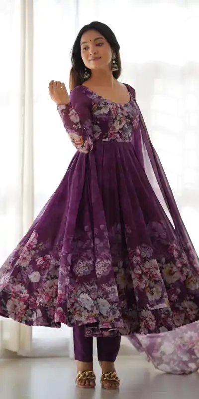 KB 261 Wine Color Soft Organza Silk Print With Kali Gown Casual, Wedding, Party, Festive, Events Etc.4-6 Working Days@ 1999/-only | Bollywood Gowns, Creative Gowns, Designer Gowns, Embroidered Gowns, Gowns, Party Wear Gowns