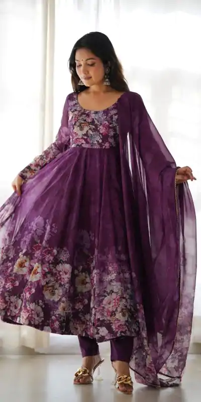KB 261 Wine Color Soft Organza Silk Print With Kali Gown Casual, Wedding, Party, Festive, Events Etc.4-6 Working Days@ 1999/-only | Bollywood Gowns, Creative Gowns, Designer Gowns, Embroidered Gowns, Gowns, Party Wear Gowns