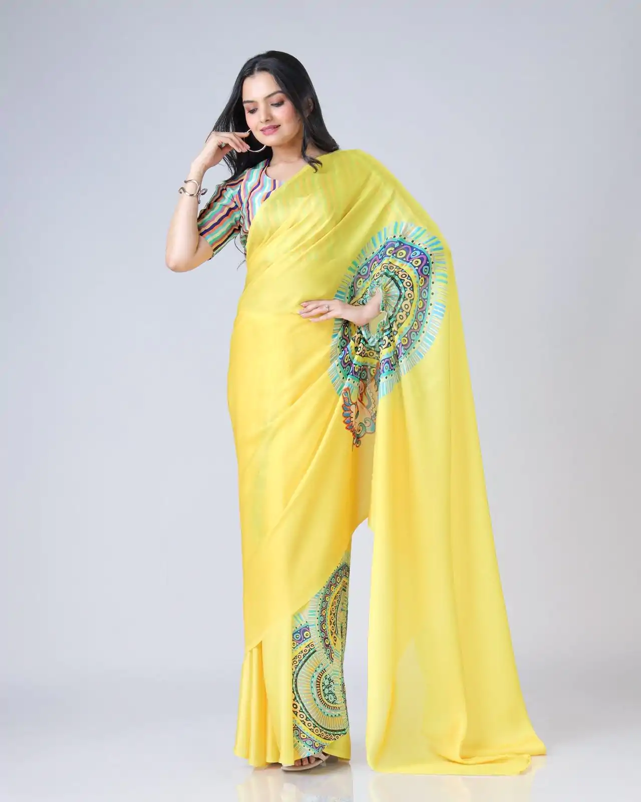 ST 1102 Yellow Color Japan Satin Digital Print Work Saree Casual, Wedding, Festive, Events . Expected Delivery  4-6 Working Days @1849/- only      | Embroidered Sarees, Bollywood Sarees, Creative Sarees, Designer Sarees, Ethnic Saree, Modern Digital sarees, Party Wear Sarees, Sarees