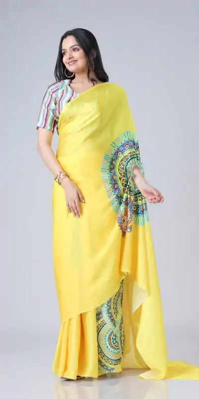 ST 1102 Yellow Color Japan Satin Digital Print Work Saree Casual, Wedding, Festive, Events . Expected Delivery  4-6 Working Days @1849/- only      | Embroidered Sarees, Bollywood Sarees, Creative Sarees, Designer Sarees, Ethnic Saree, Modern Digital sarees, Party Wear Sarees, Sarees