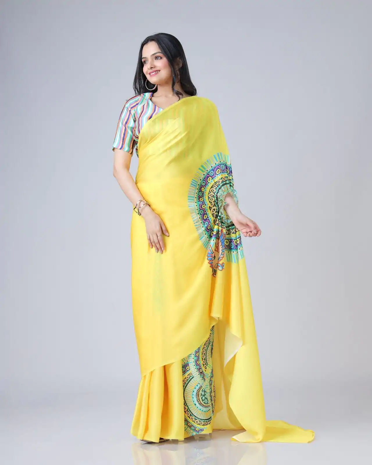 ST 1102 Yellow Color Japan Satin Digital Print Work Saree Casual, Wedding, Festive, Events . Expected Delivery  4-6 Working Days @1849/- only      | Embroidered Sarees, Bollywood Sarees, Creative Sarees, Designer Sarees, Ethnic Saree, Modern Digital sarees, Party Wear Sarees, Sarees