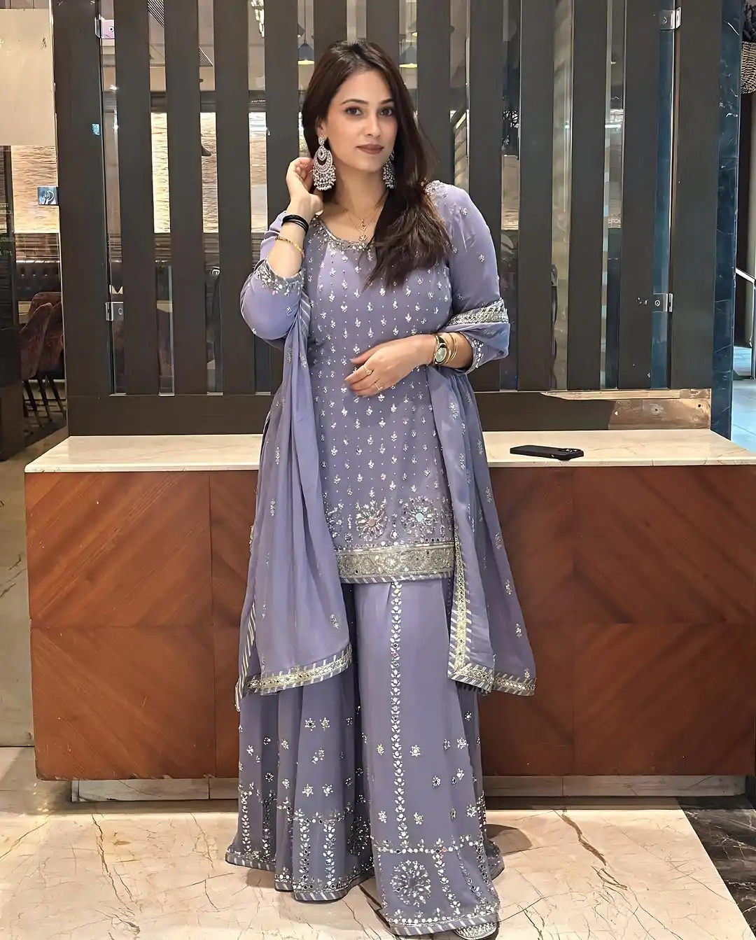 KF 1677 Purple Color Georgette Sequences Work Peral Real Mirror Salwar Suit Casual, Wedding, Party, Festive, Events Etc.4-6 Working Days@ 2399/-only | Casual Suits, Jump Suits, Creative suits, Designer Suits, Palazzo Suits, Party Wear Suits, Patiala Suits, Salwar suit, Straight Suits