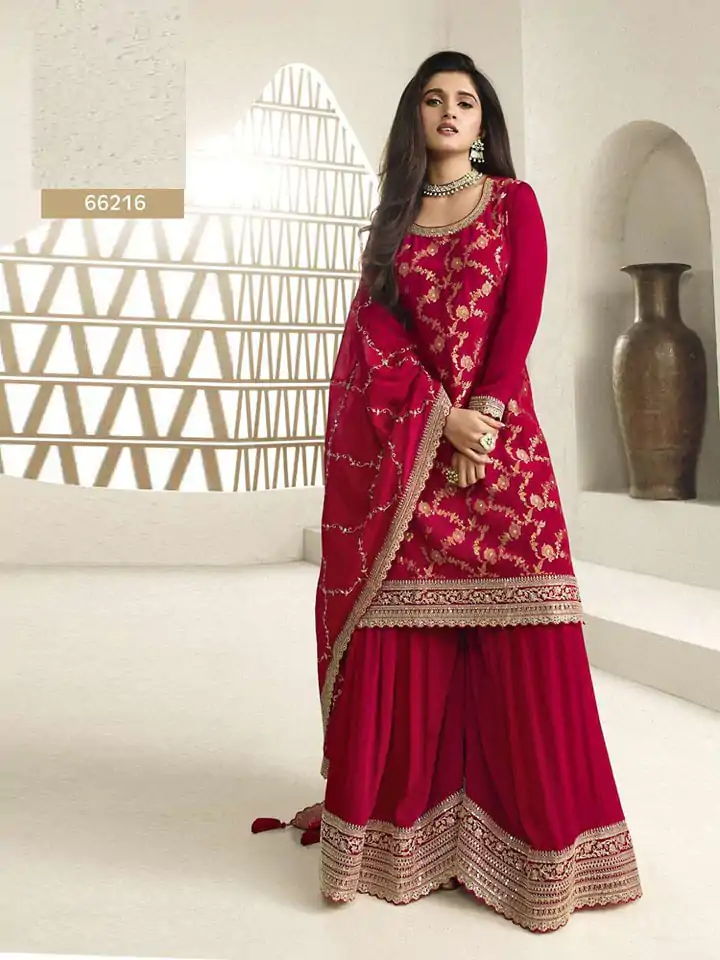 FC 66211 Red Color Jacquard Silk Chinon Multi Work Salwar Suit Casual, Wedding, Party, Festive, Events Etc.4-6 Working Days@ 2649/-only | Casual Suits, Jump Suits, Creative suits, Designer Suits, Palazzo Suits, Party Wear Suits, Patiala Suits, Salwar suit, Straight Suits