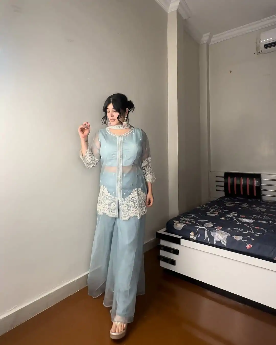 LG 1902 Sky Blue Color Organza Sequence Work Indo-Western Suit Casual, Wedding, Party, Festive, Events Etc.4-6 Working Days@ 2049/-only | Casual Suits, Jump Suits, Creative suits, Designer Suits, Palazzo Suits, Party Wear Suits, Patiala Suits, Salwar suit, Straight Suits