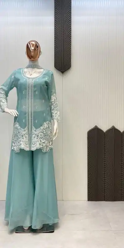 LG 1902 Sky Blue Color Organza Sequence Work Indo-Western Suit Casual, Wedding, Party, Festive, Events Etc.4-6 Working Days@ 2049/-only | Casual Suits, Jump Suits, Creative suits, Designer Suits, Palazzo Suits, Party Wear Suits, Patiala Suits, Salwar suit, Straight Suits